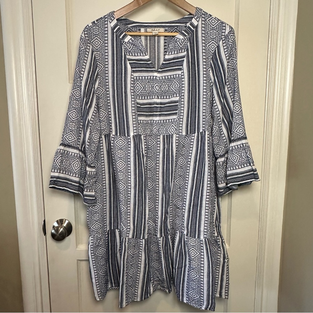 Style & Co 100% Cotton 3/4 Length Sleeve Geometric Print Tunic Blue/White Size L